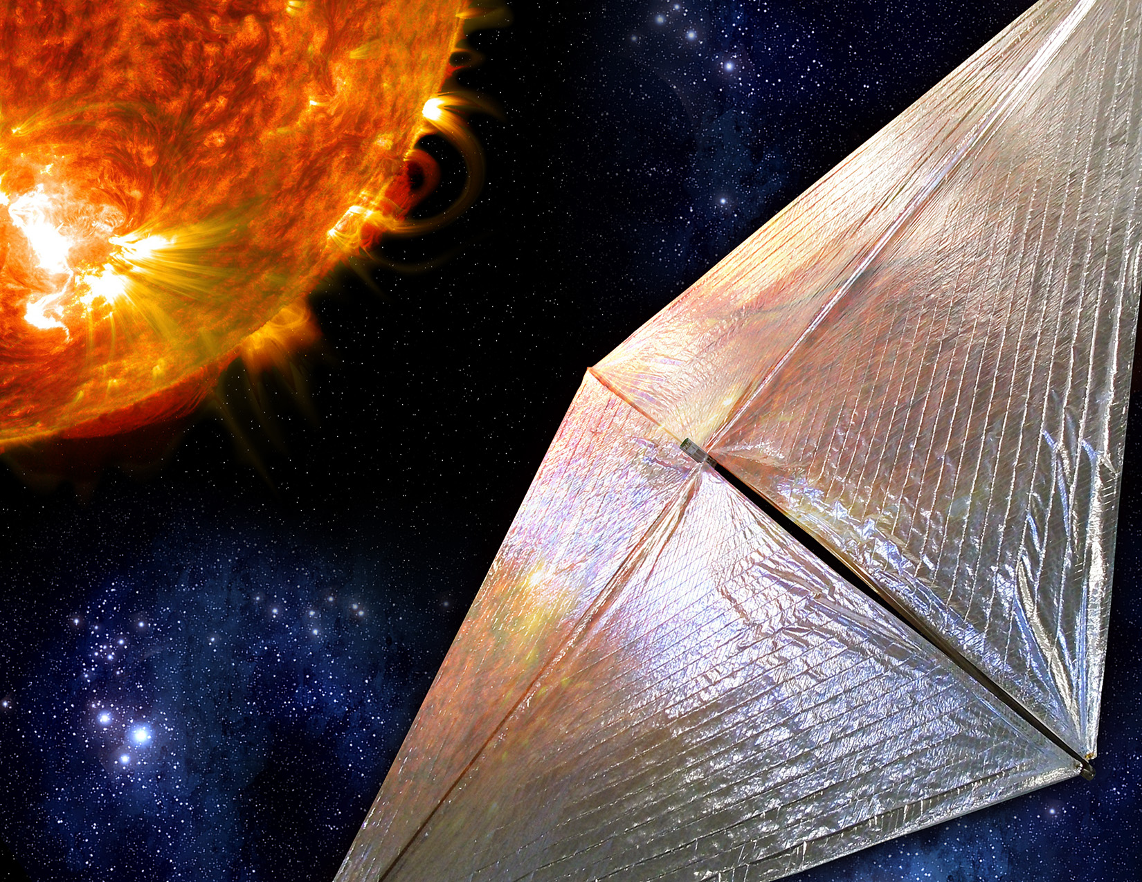 : An illustration of the Solar Cruiser approaching the Sun.