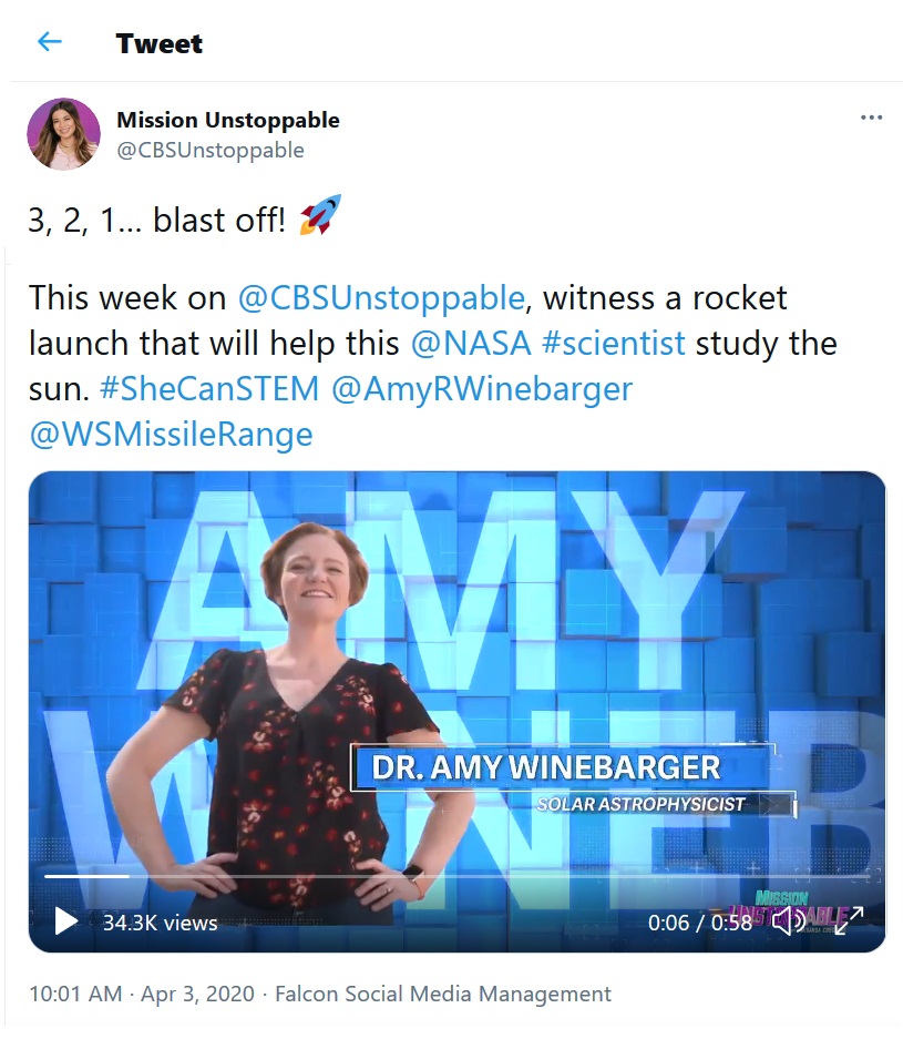 Marshall solar scientist Amy Winebarger appeared on the CBS news series “Mission Unstoppable” in 2020. 