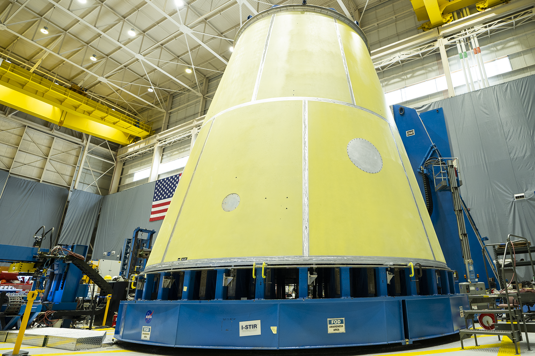 Technicians at NASA’s Marshall Space Flight Center in Huntsville, Alabama, complete the weld to join the two major parts of the launch vehicle stage adapter (LVSA) for NASA’s Space Launch System (SLS) rocket. The adapter,