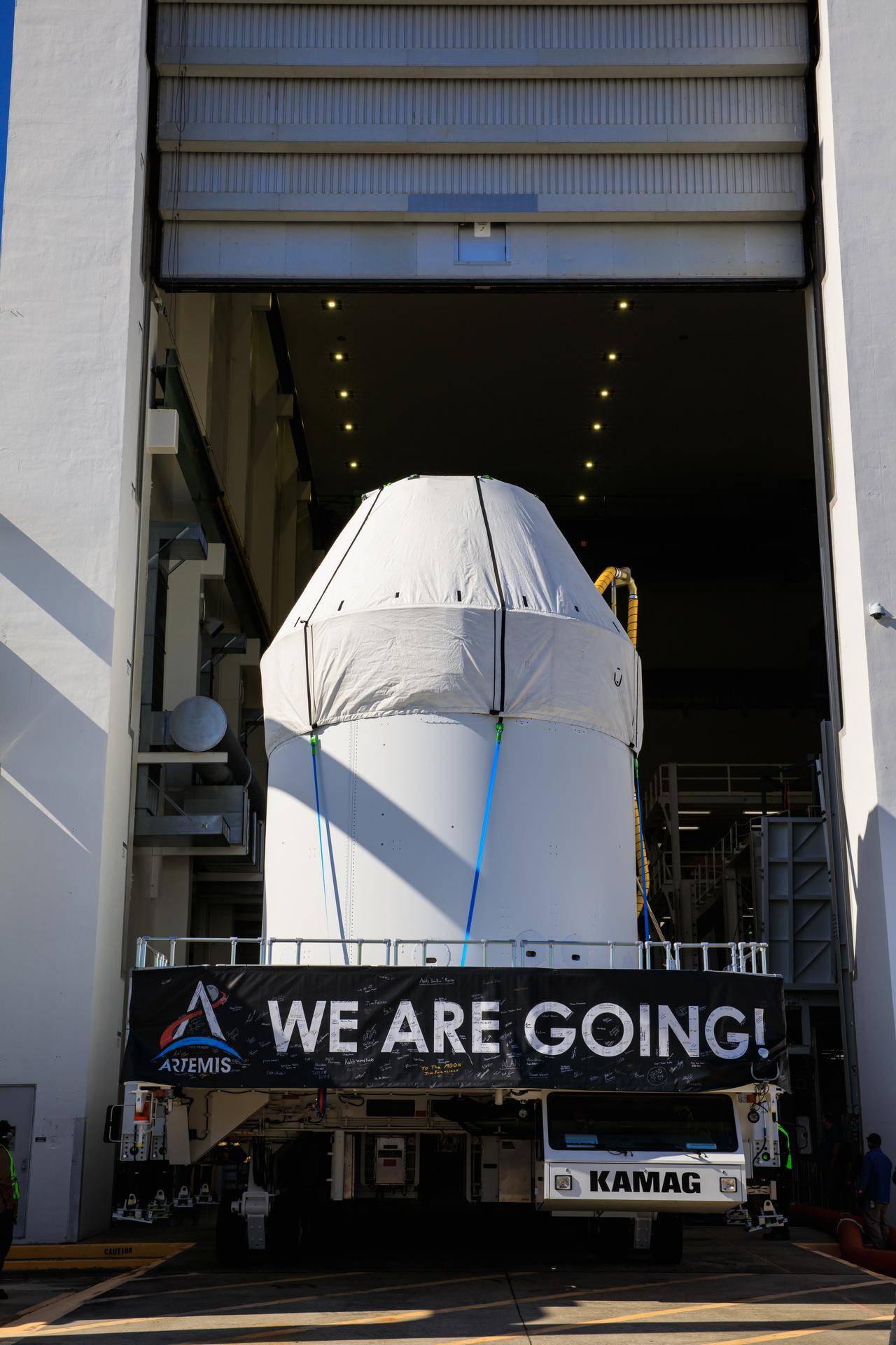 Orion spacecraft on a transport vehicle