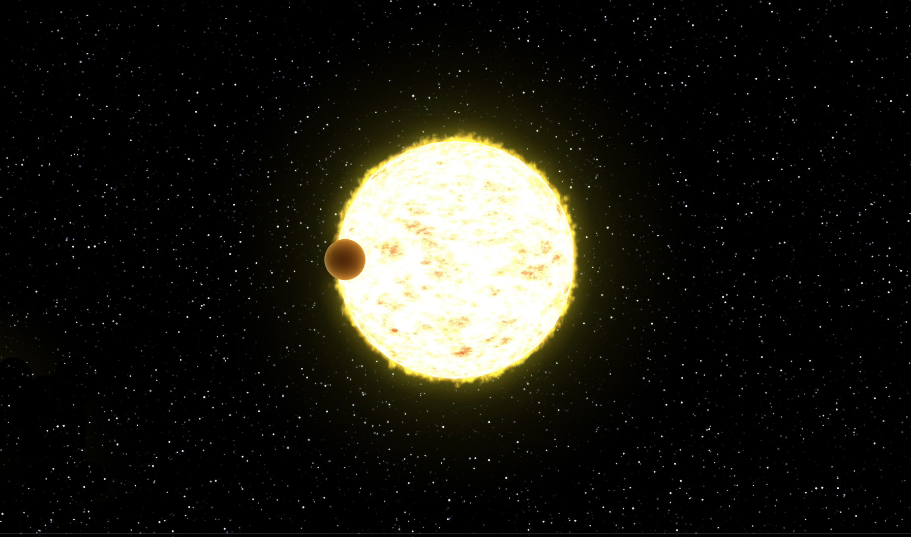 A small brown planet is seen in silhouette crossing in front of a glowing pale yellow star. The background is black with tiny white stars speckled all over.