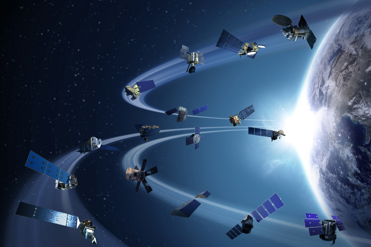 An illustration showing some of the many NASA satellites in Earth orbit