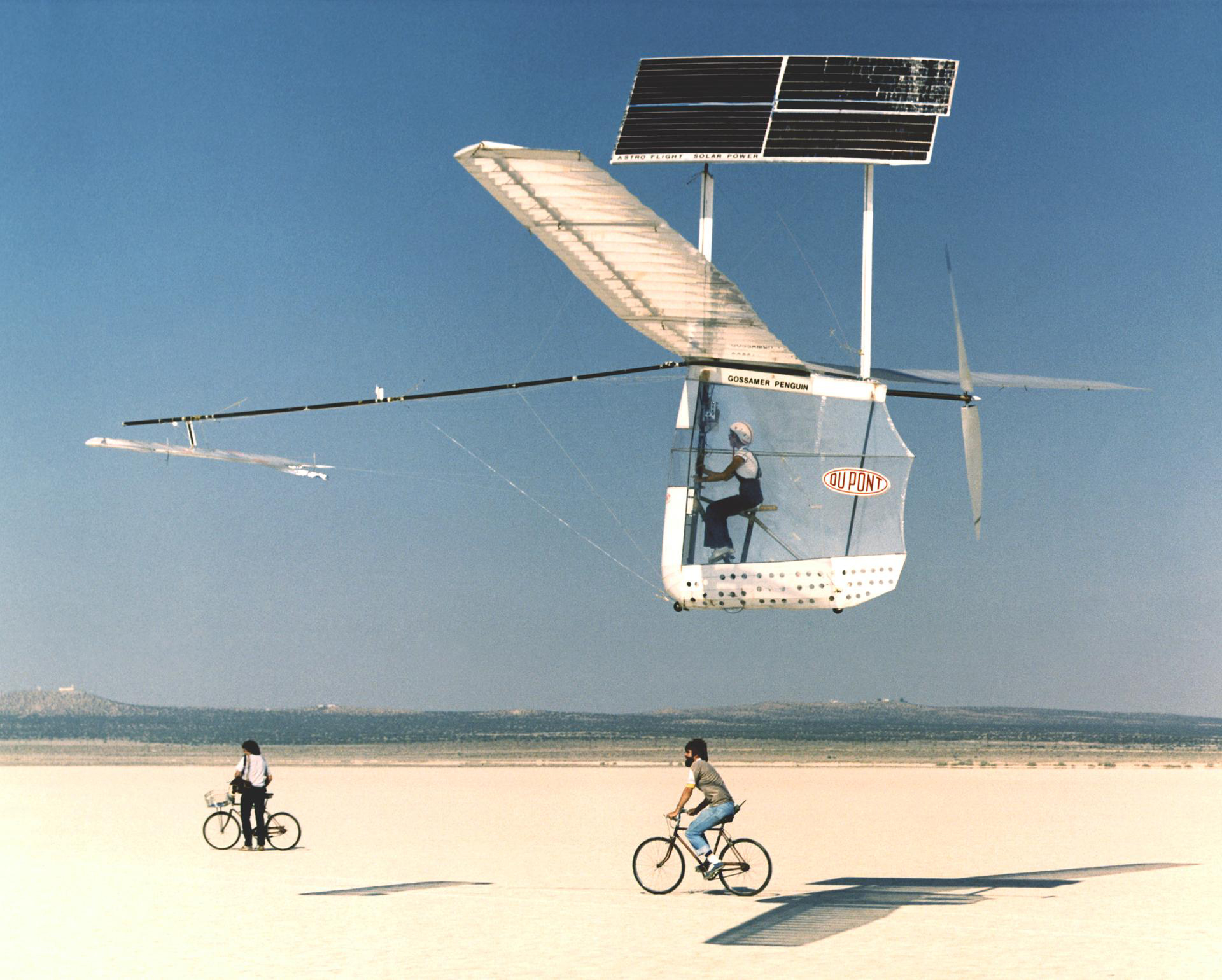 The solar powered and human piloted Gossamer Penguin flies in 1980 from NASA’s Armstrong (then Dryden) Flight Research Center