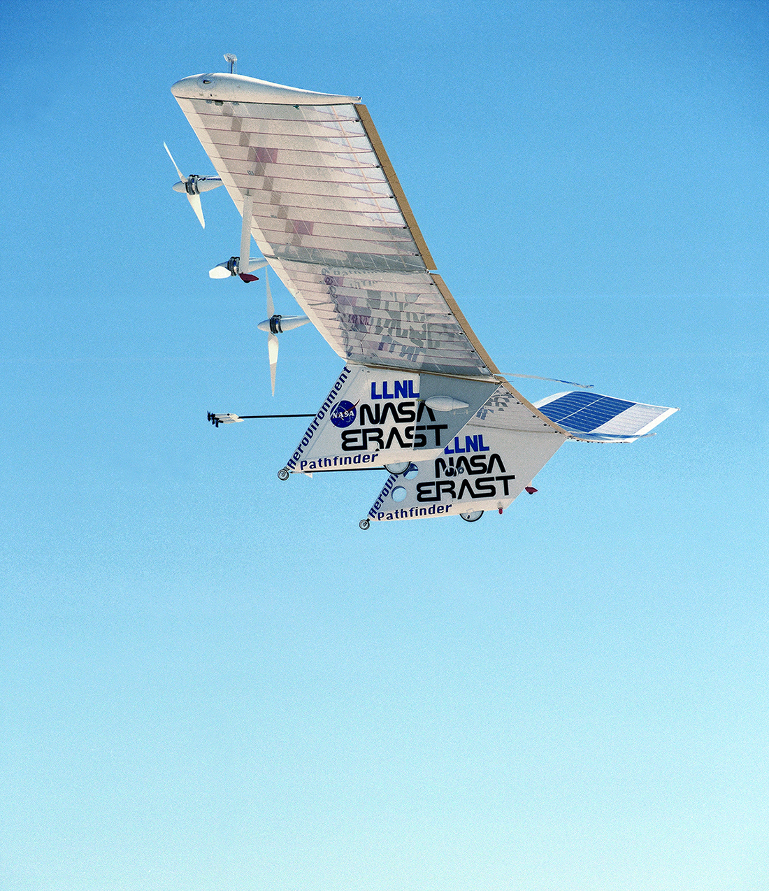 The Pathfinder solar-powered remotely piloted aircraft climbs to a record-setting altitude of 50,567 feet during a flight 