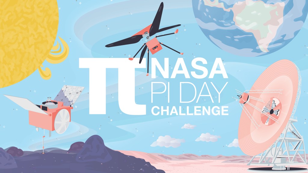Illustration of spacecraft on a light blue background with the Pi symbol and the words NASA Pi Day Challenge