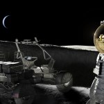 Two astronauts on the moon unloading cargo from a rover