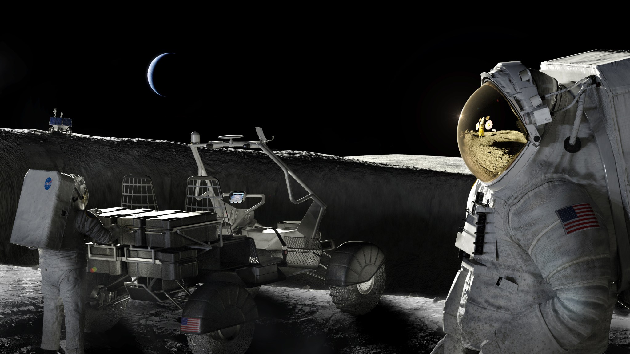 Two astronauts on the moon unloading cargo from a rover