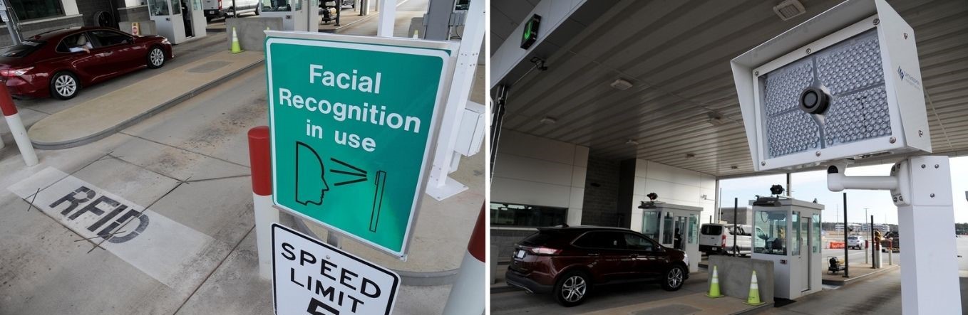 Left, a sign informs drivers that they are approaching a lane that uses facial recognition software to grant Arsenal entry.