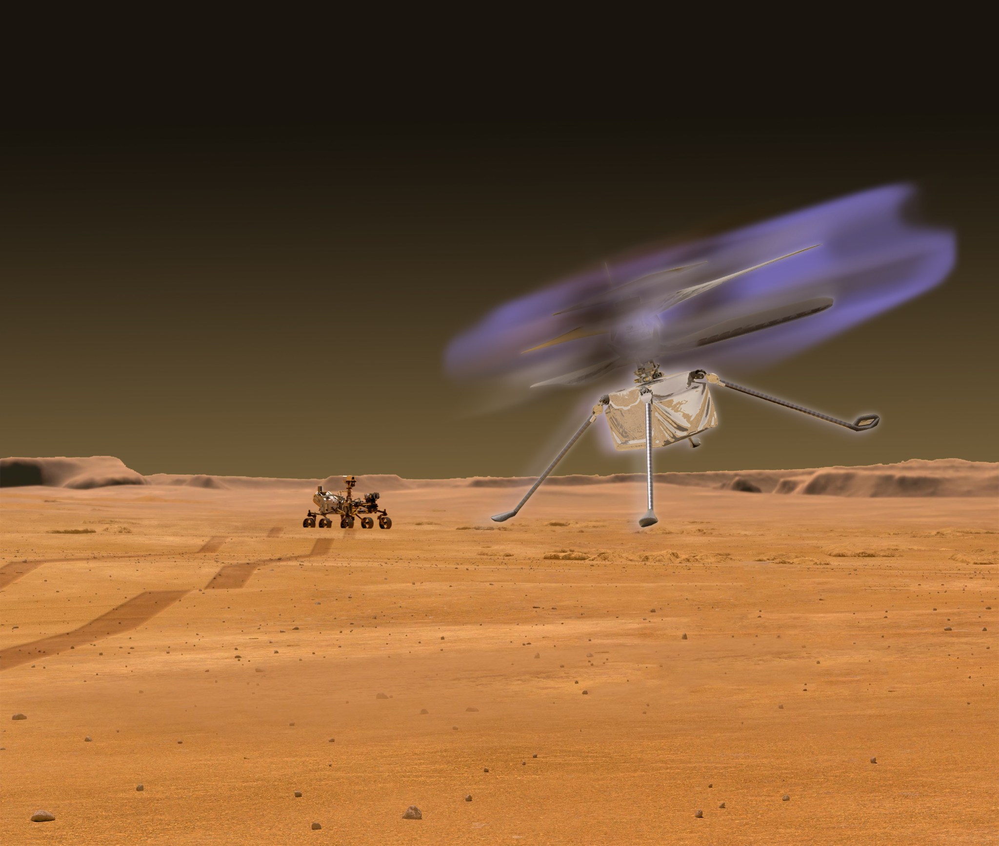 Artist's concept of Ingenuity helicopter glowing during flight