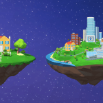 Artist rendition of two floating pieces of Earth. One has a house and fence on it and the other has a small city with various buildings on it including the home.