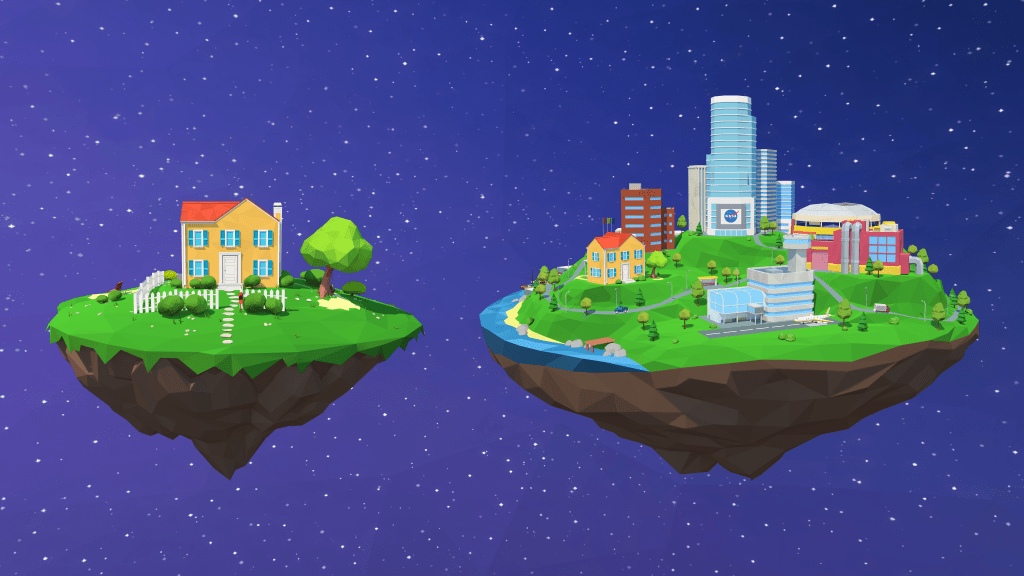 Artist rendition of two floating pieces of Earth. One has a house and fence on it and the other has a small city with various buildings on it including the home.