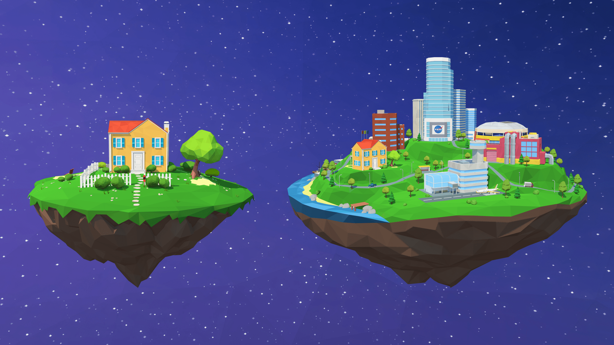 Artist rendition of two floating pieces of Earth. One has a house and fence on it and the other has a small city with various buildings on it including the home.