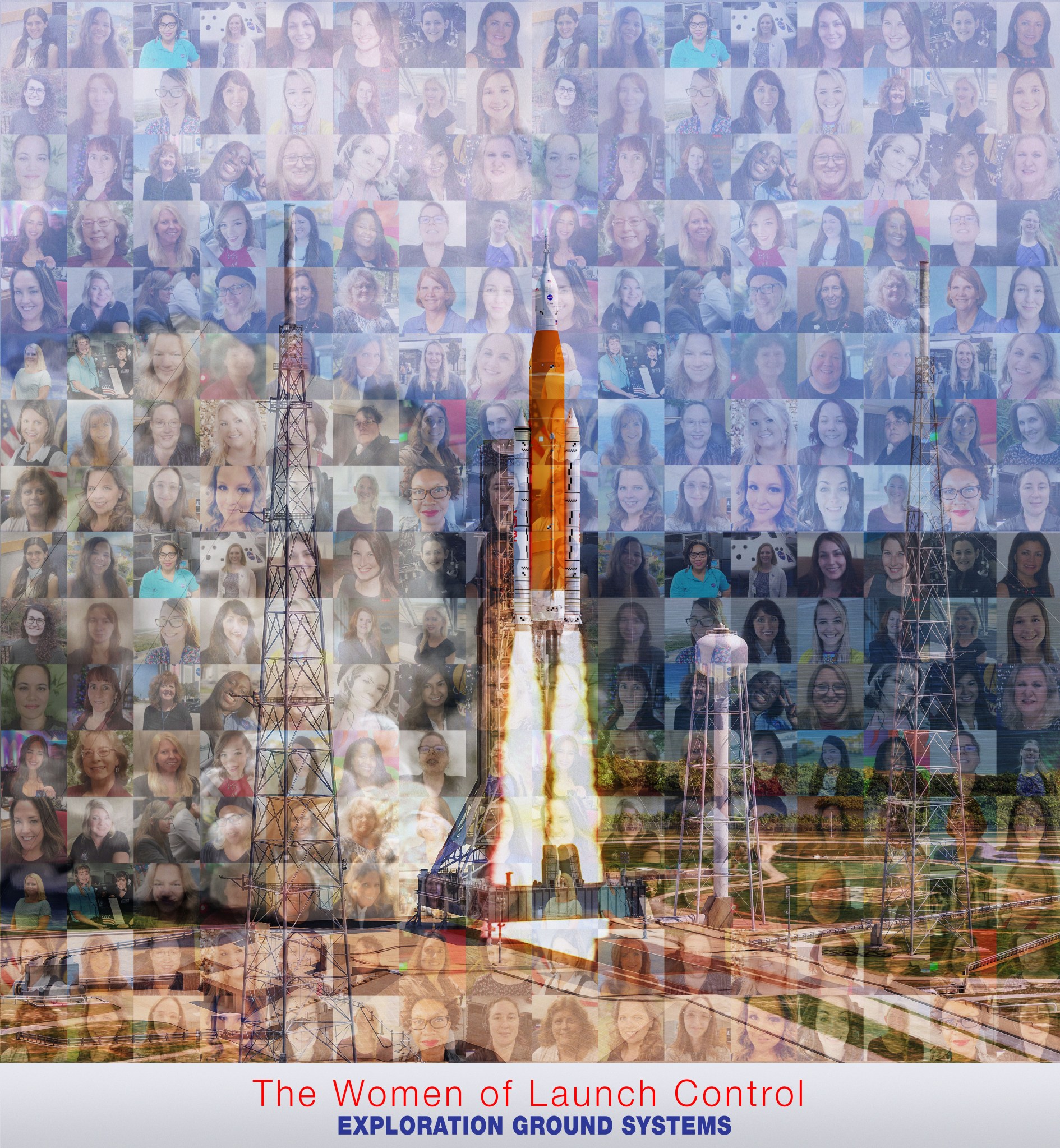 Portraits of women who work in Firing Room 1 of the Launch Control Center make up a mosaic of NASA's Space Launch System rocket.