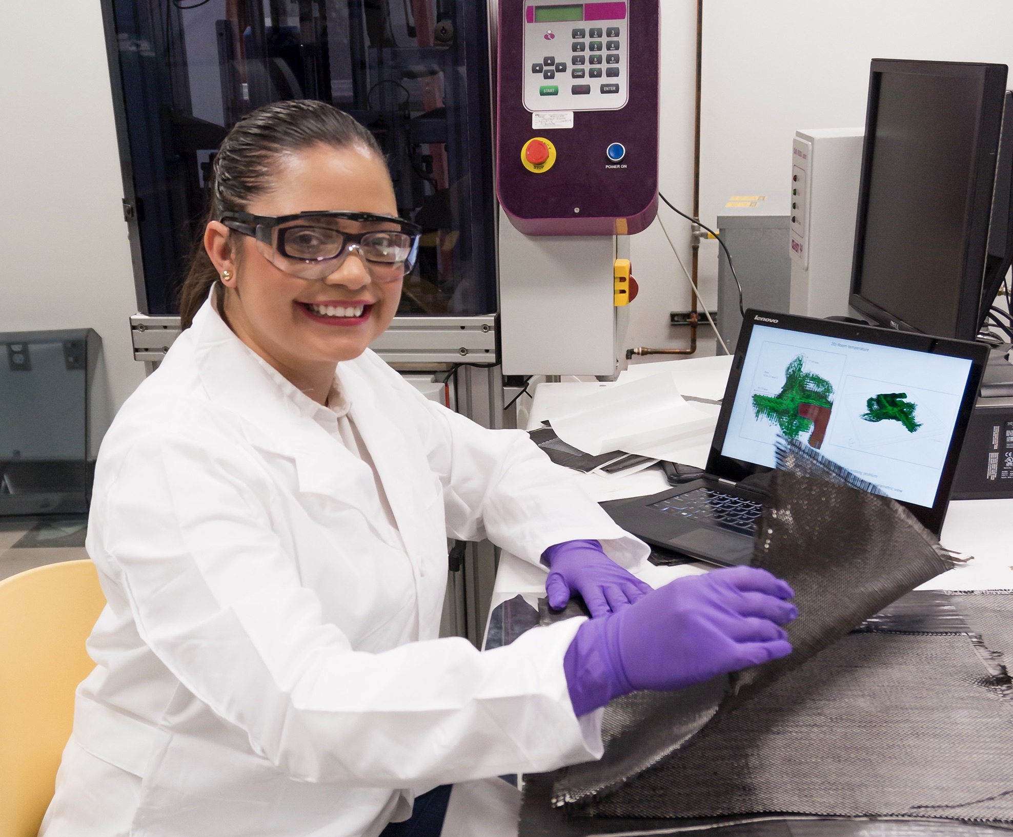 Alejandra Castellanos, measures a laminate using woven, carbon-fiber layers to test low-velocity impact.