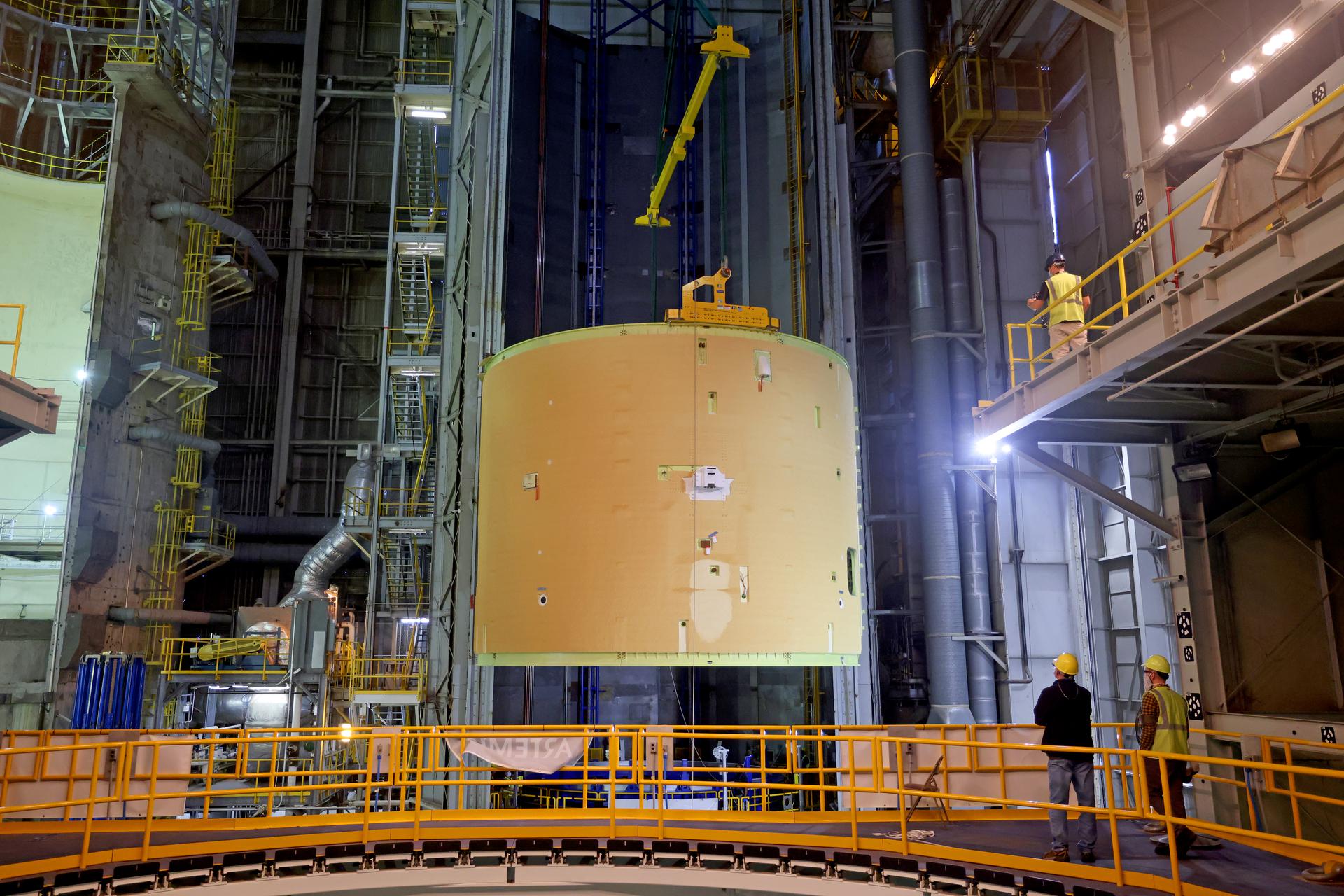 Technicians at NASA’s Michoud Assembly Facility move the intertank for NASA’s Space Launch System to the vertical assembly area.