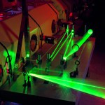 Bright green neon looking lasers for the N-237 Ballistic Range Optical Telemetry Circuit (onboard flying model instrumentation) with laser tracking.