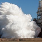 The core stage for the first flight of NASA’s SLS rocket undergoes a second hot fire test in the B-2 Test Stand on March 18.