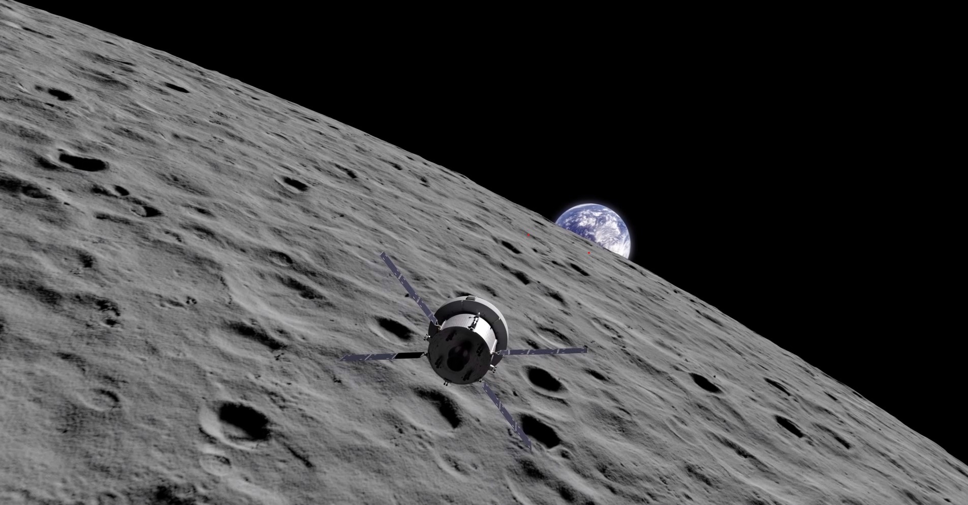 Illustration showing spacecraft orbiting the Moon, with Earth rising in the background