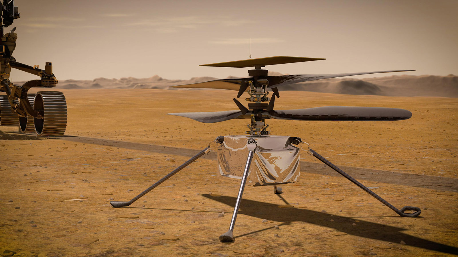 n this illustration, NASA's Ingenuity Mars Helicopter stands on the Red Planet's surface