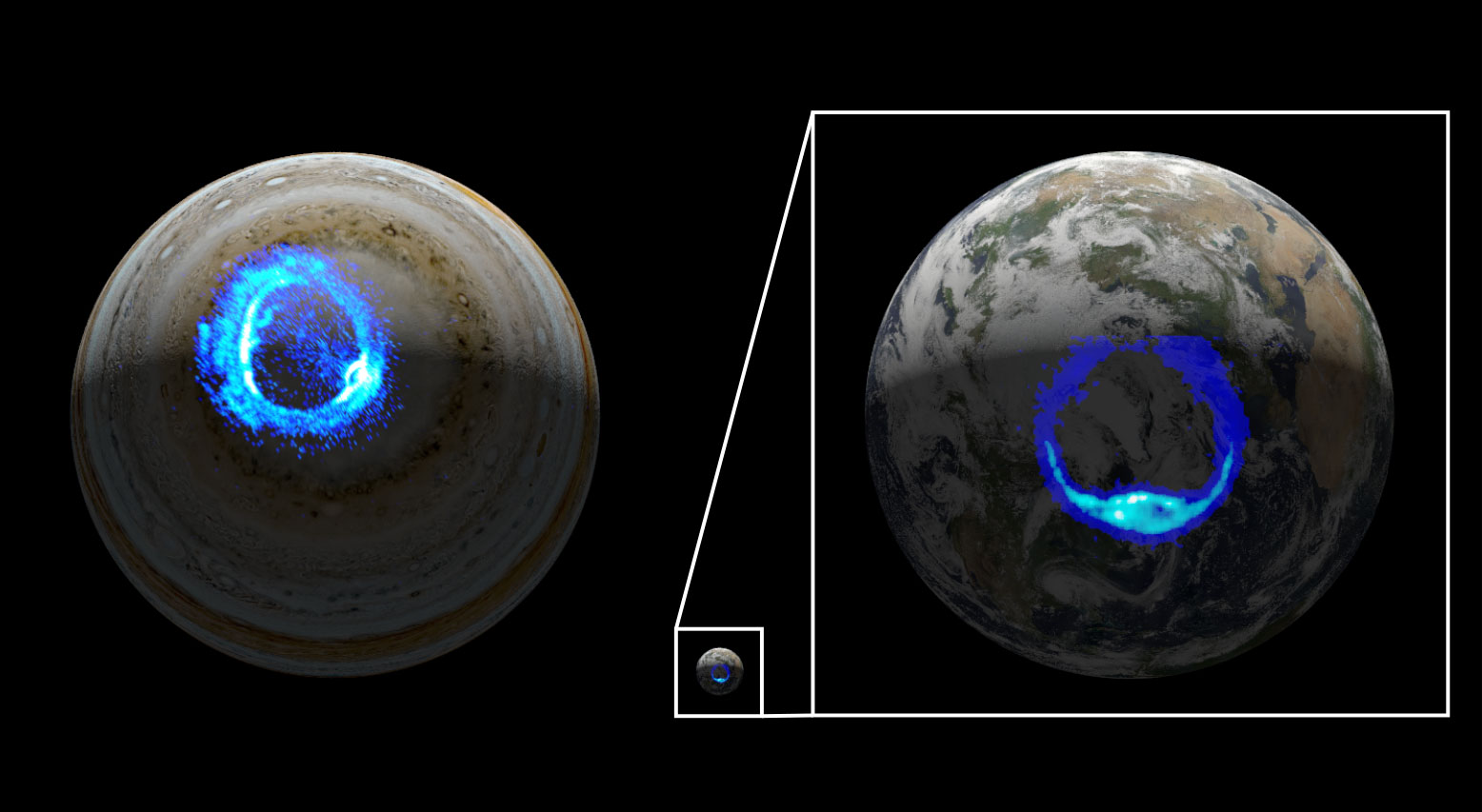 Illustration depicts ultraviolet polar aurorae on Jupiter and Earth