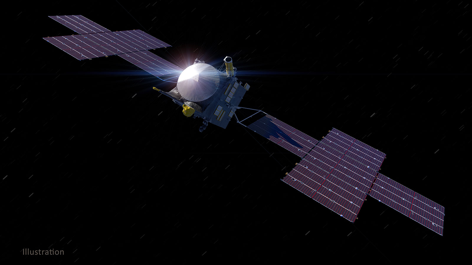 An illustration, created in March 2021, of NASA’s Psyche spacecraft