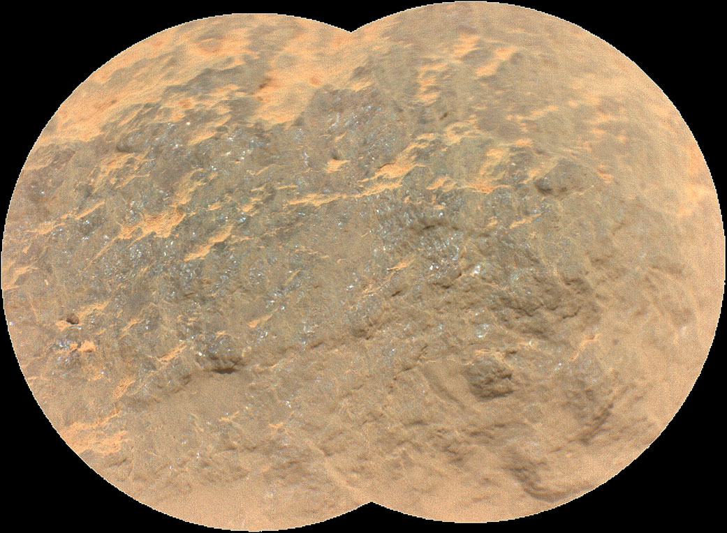 Combining two images, this mosaic shows a close-up view of the rock target named “Yeehgo” from the SuperCam instrument
