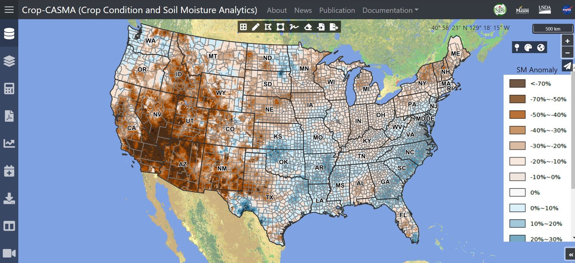 Screenshot of a map showing dry and wet areas of the United States.