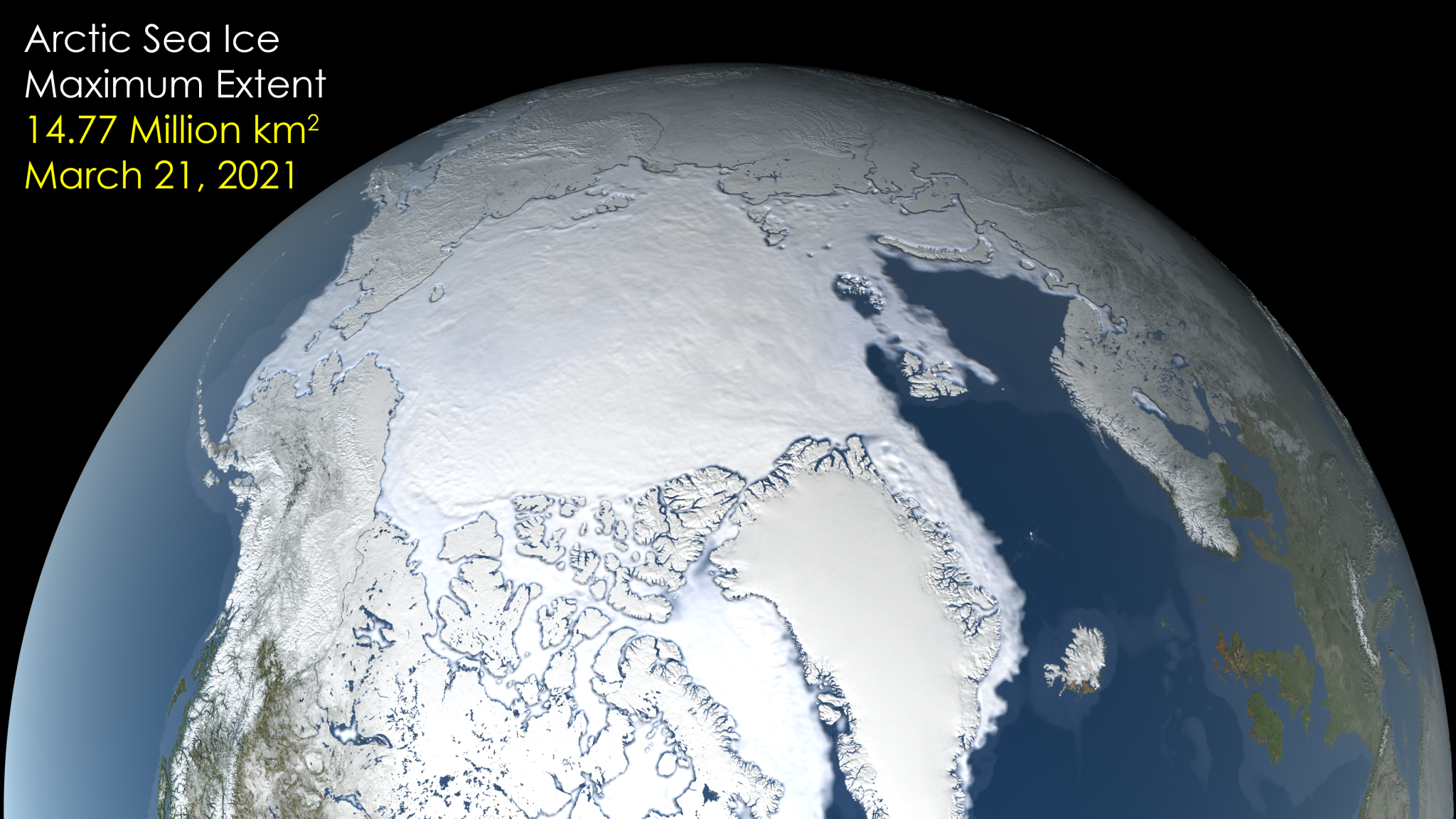 A visualization of the maximum sea ice extent for 2021. The graphic shows Earth as a half globe, looking down at the North Pole from an angle. Canada, Alaska, and Greenland are visible curving off screen at the bottom of the image, with Scandinavia and Northern Europe visible on the right side of the globe and Russia visible at the top. The space between Canada and Russia is filled with white sea ice, which also curves down along the east coast of Greenland.