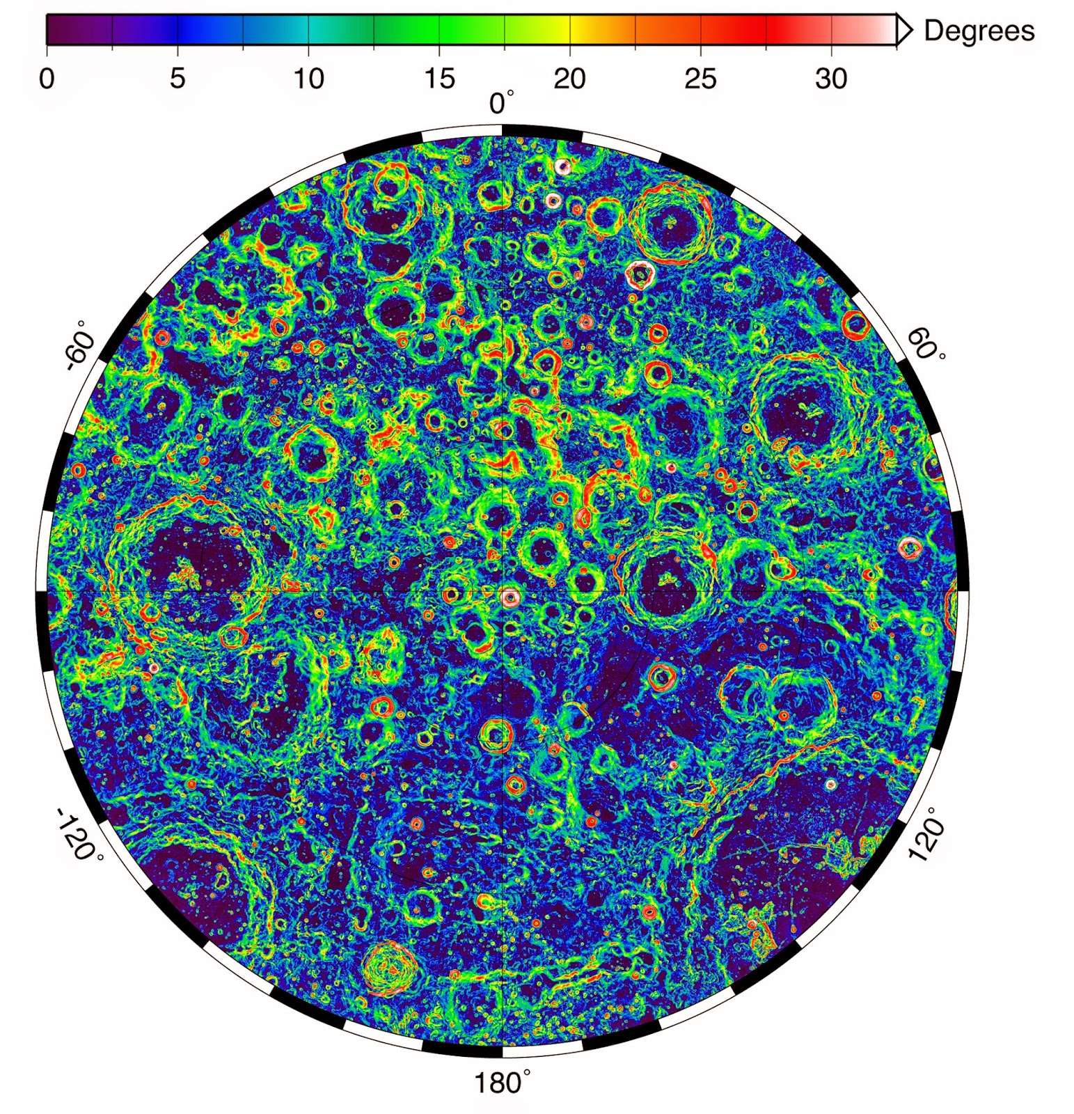 This image shows the slopes found near the South Pole of the Moon.