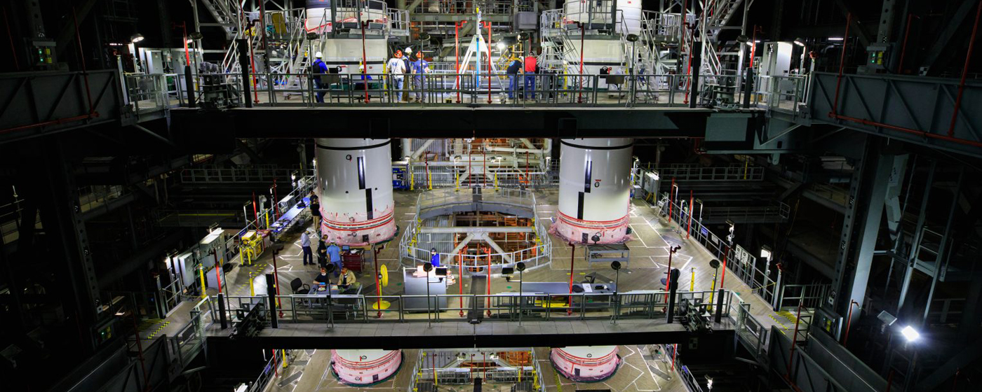 Mammoth Artemis I Rocket Boosters Stacked on Mobile Launcher