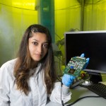 Mahmooda Sultana with the Multifunctional Nanosensor Platform created using additive manufacturing techniques.