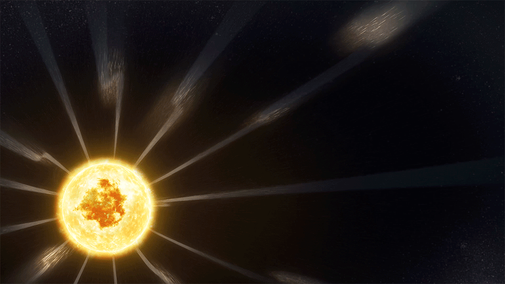 An animated GIF shows the Sun with beams of material extending away from it. The beams bend as they move farther from the Sun.