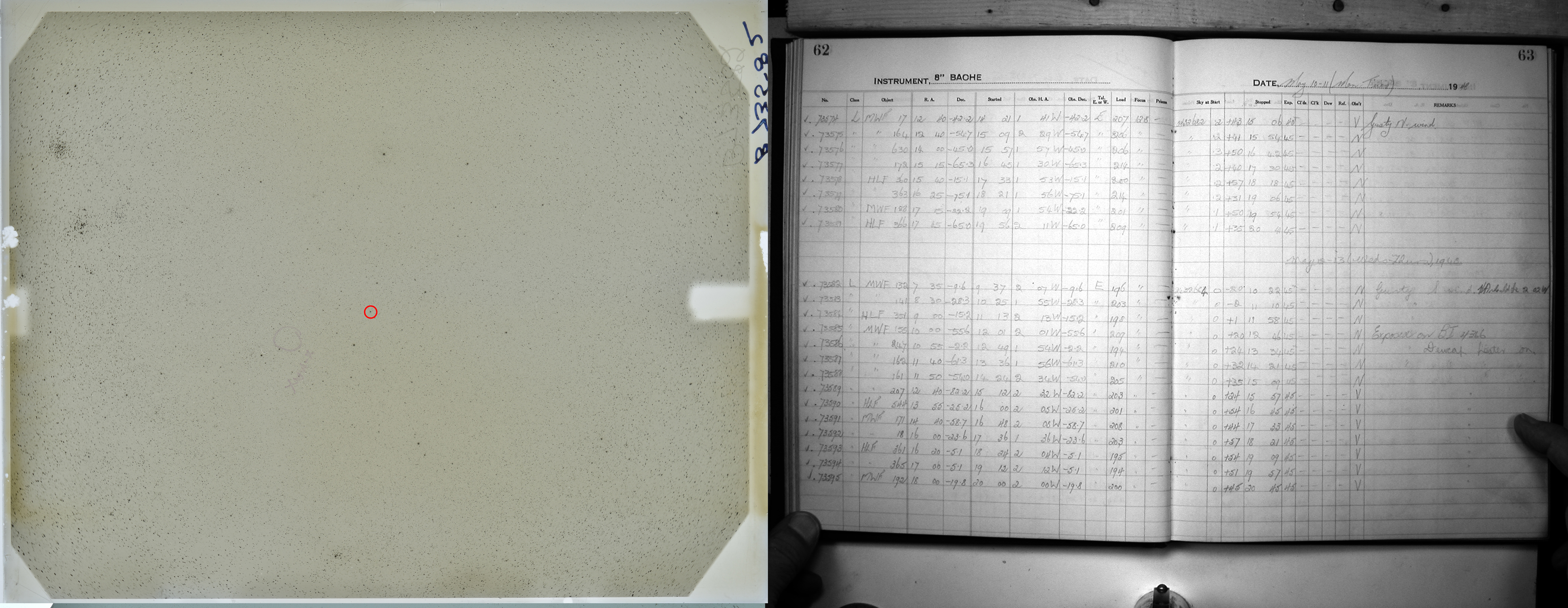 Left: A glass photographic plate with U Mon circled in the center. Right: A log book with the corresponding entry for the plate
