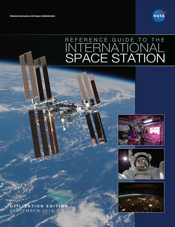 cover of the Reference Guide to the International Space Station Sept. 2015 with images of the station, astronauts and Earth in backdrop