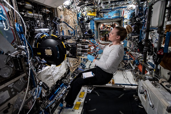 Rubins, wearing a grey shirt, black pants, and blue gloves, pulls hardware from a round hatch on the Combustion Integrated Rack. The hardware has a series of silver connectors and orange hoses attached to a black device. The walls of the station around Rubins are covered with equipment, cords, and wires.