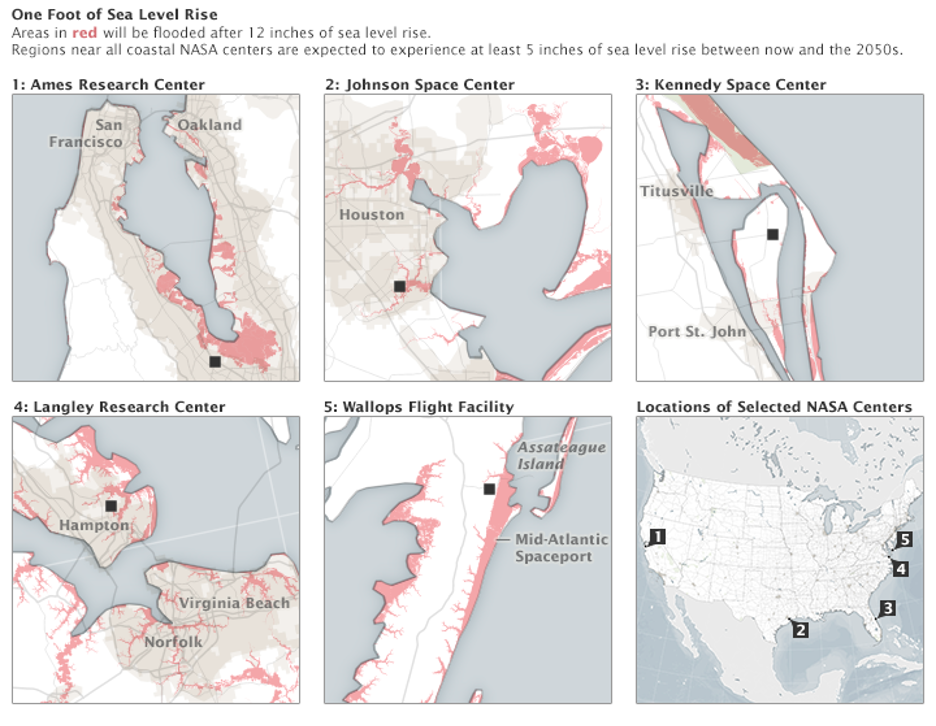 Maps of several of NASA centers with areas that may flood due to sea level rise in red.