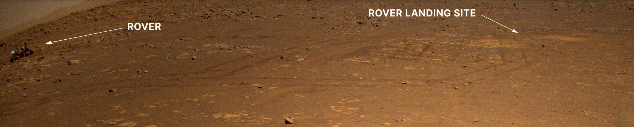 NASA’s Perseverance Mars rover is visible in the upper left corner of this image the agency’s Ingenuity Mars Helicopter took during its third flight, on April 25, 2021.