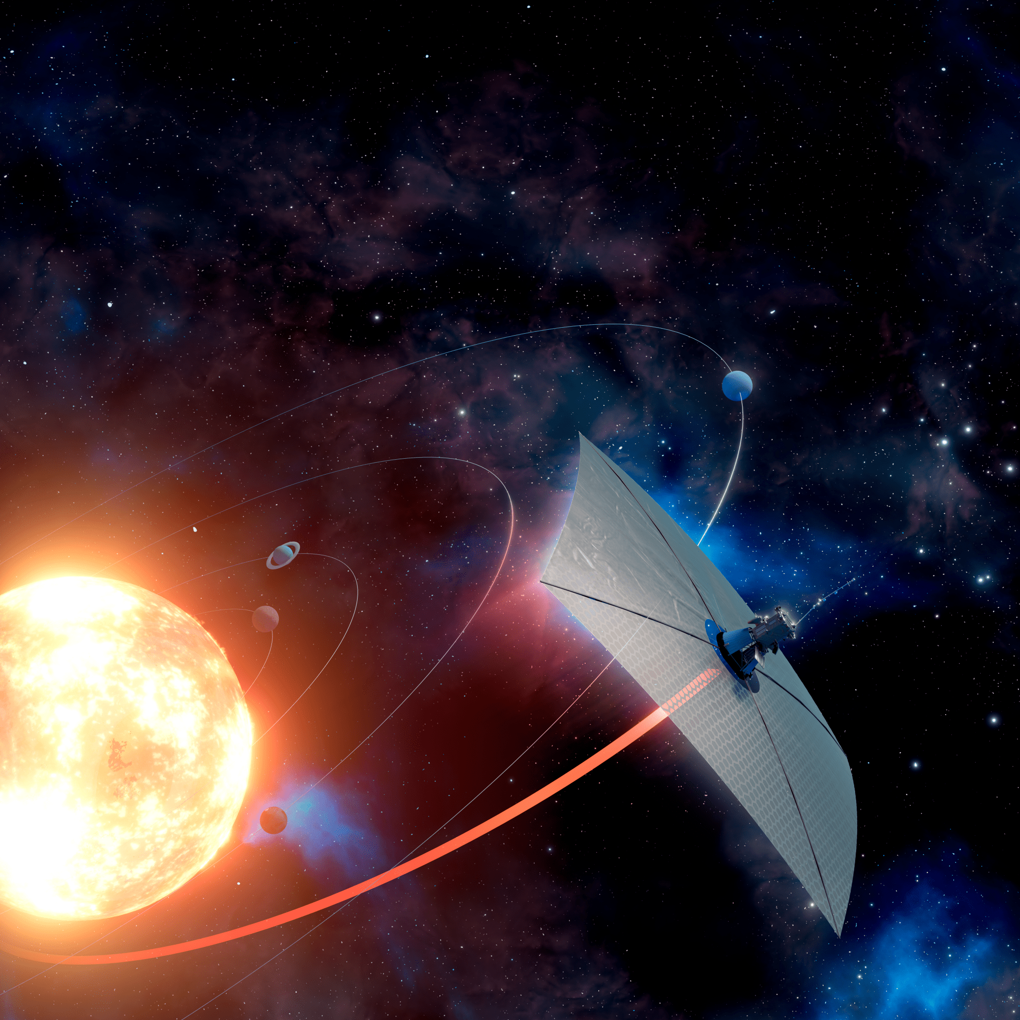 Solar Sail in space with planets in the background.