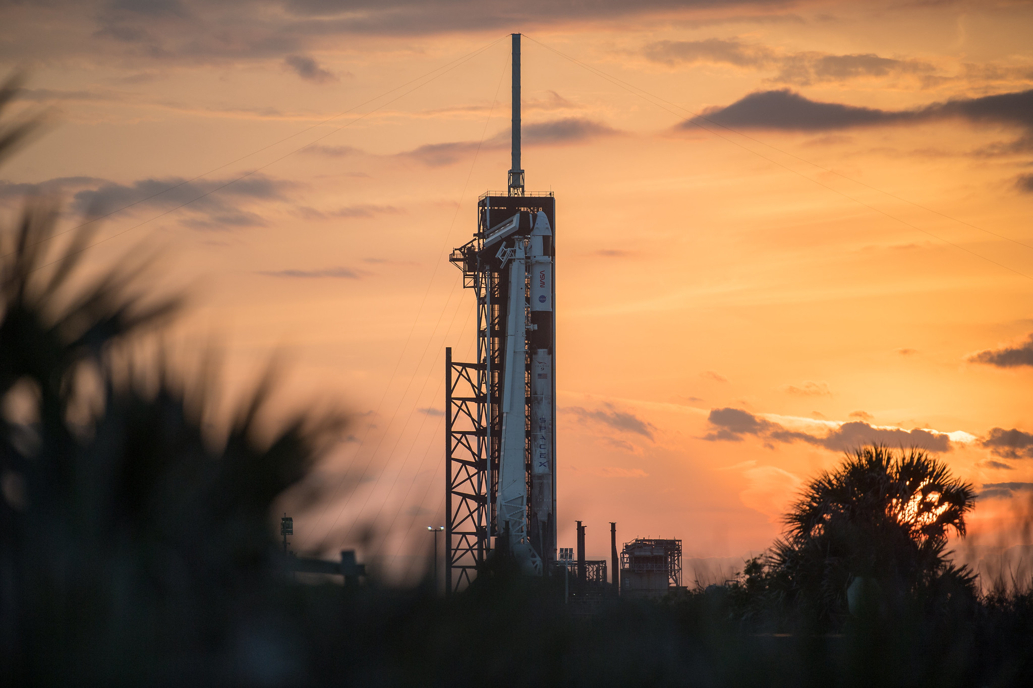 A SpaceX Falcon 9 rocket with the company's Crew Dragon spacecraft onboard is seen on the launch pad at Launch Complex 39A at NASA's Kennedy Space Center in Florida.