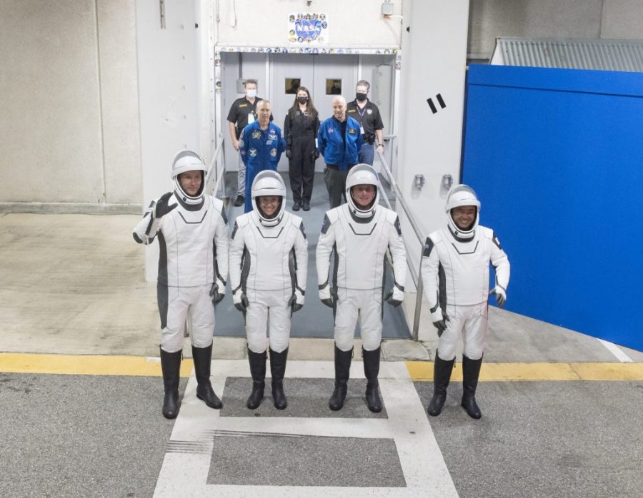 From left to right, ESA (European Space Agency) astronaut Thomas Pesquet, NASA astronauts Megan McArthur and Shane Kimbrough, and Japan Aerospace Exploration Agency (JAXA) astronaut Akihiko Hoshide, wearing SpaceX spacesuits, are seen as they prepare to depart the Neil A. Armstrong Operations and Checkout Building for Launch Complex 39A during a dress rehearsal prior to the Crew-2 mission launch, Sunday, April 18, 2021, at NASA's Kennedy Space Center in Florida. NASA's SpaceX Crew-2 mission is the second operational mission of the SpaceX Crew Dragon spacecraft and Falcon 9 rocket to the International Space Station as part of the agency's Commercial Crew Program. Kimbrough, McArthur, Pesquet, and Hoshide are scheduled to launch at 6:11 a.m. ET on Thursday, April 22, from Launch Complex 39A at the Kennedy Space Center.