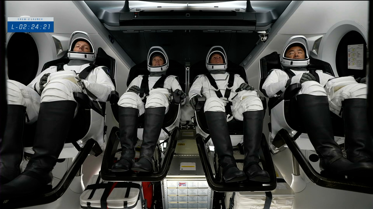 The Crew-2 astronauts are in view inside the Crew Dragon spacecraft at Launch Complex 39A at NASA's Kennedy Space Center in Florida on April 23, 2021.