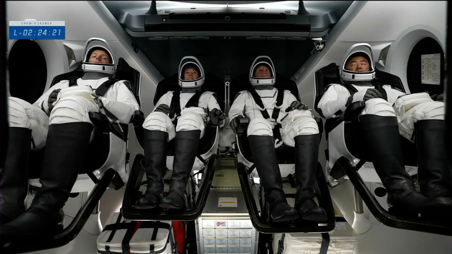 The Crew-2 astronauts are in view inside the Crew Dragon spacecraft at Launch Complex 39A at NASA's Kennedy Space Center in Florida on April 23, 2021.