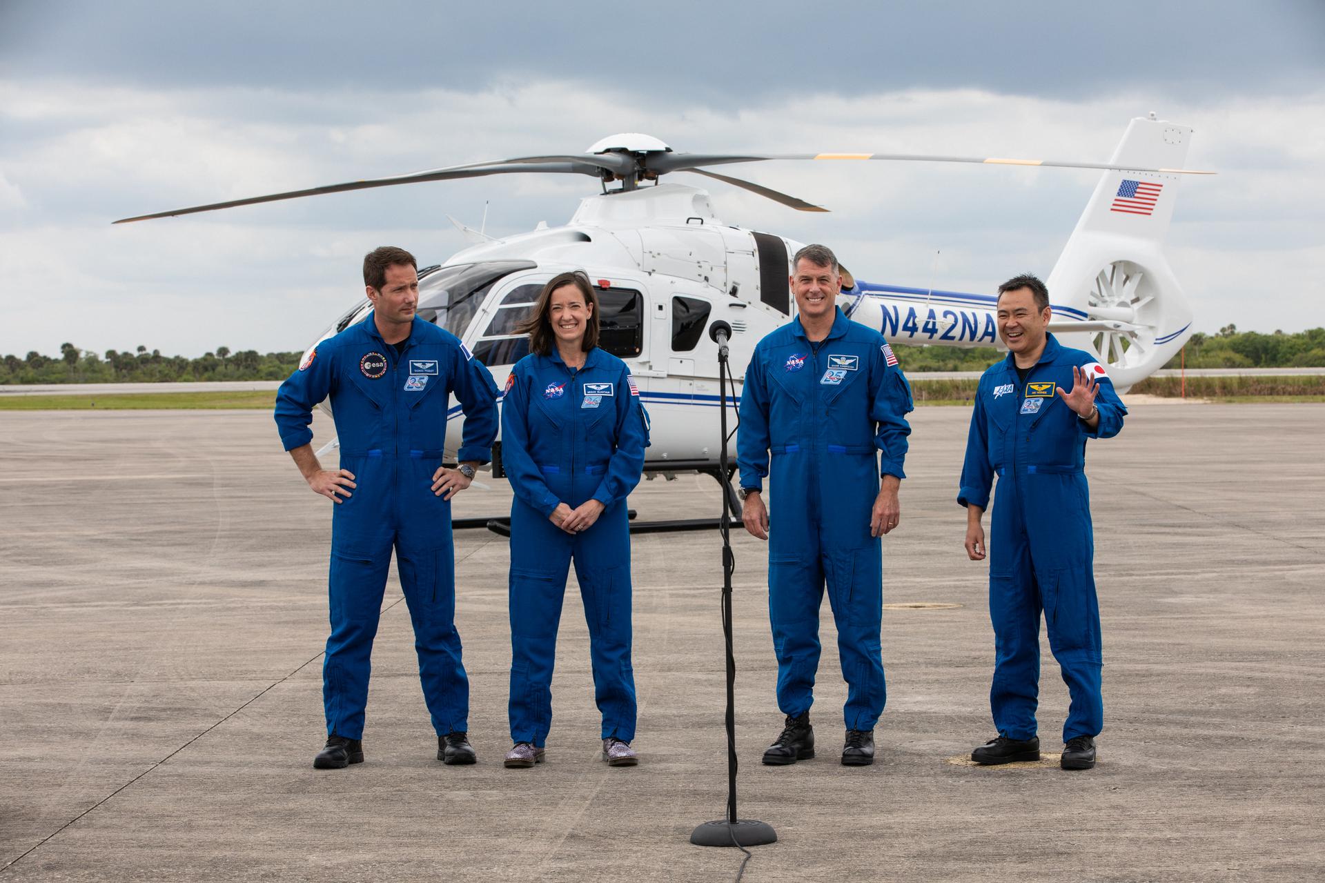 From left to right, Crew-2 mission astronauts Thomas Pesquet (ESA), Megan McArthur (NASA), Shane Kimbrough (NASA) and Ahihiko Hoshide (JAXA), arrive at NASA’s Kennedy Space Center on April 16, 2021. The astronauts are set to launch on SpaceX’s Falcon 9 rocket and Crew Dragon spacecraft on the second crew rotation mission to the International Space Station as part of NASA’s Commercial Crew Program. Liftoff is targeted for 6:11 a.m., on Earth Day, Thursday, April 22, from Launch Complex 39A at Kennedy.