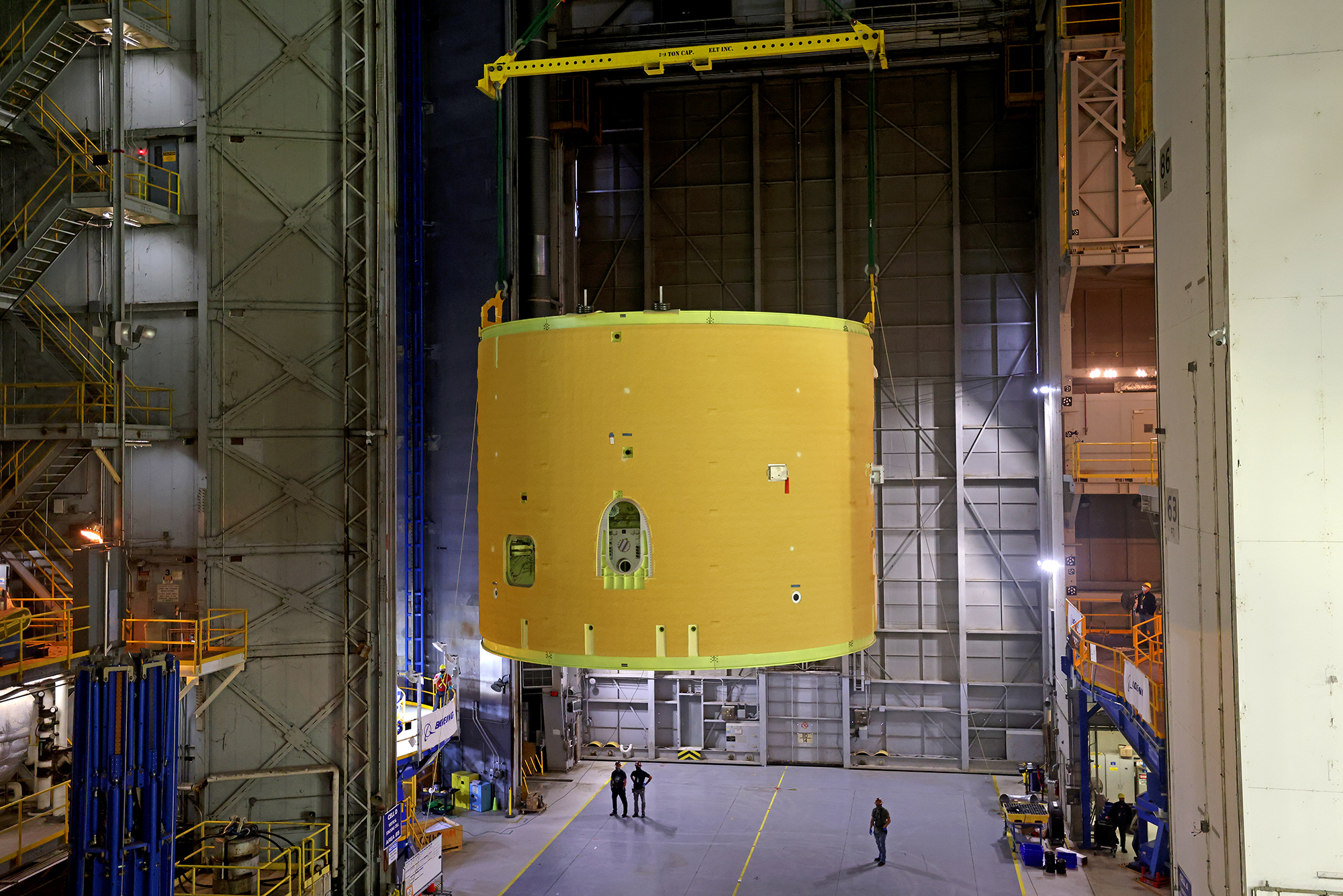 The Artemis II Intertank is lifted into the Cell D of the VAB at NASA Michoud Assembly Facility on Friday, March 19, 2021.