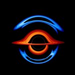 In this visualization, disks of bright, hot, churning gas encircle two orbiting supermassive black holes, shown in red and blue to better track the light source.