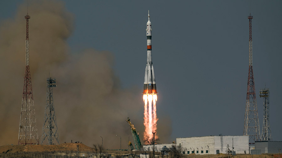 The Soyuz MS-18 rocket blasts off from the Baikonur Cosmodrome in Kazakhstan carrying three Expedition 65 crew members to the space station. Credit: NASA TV