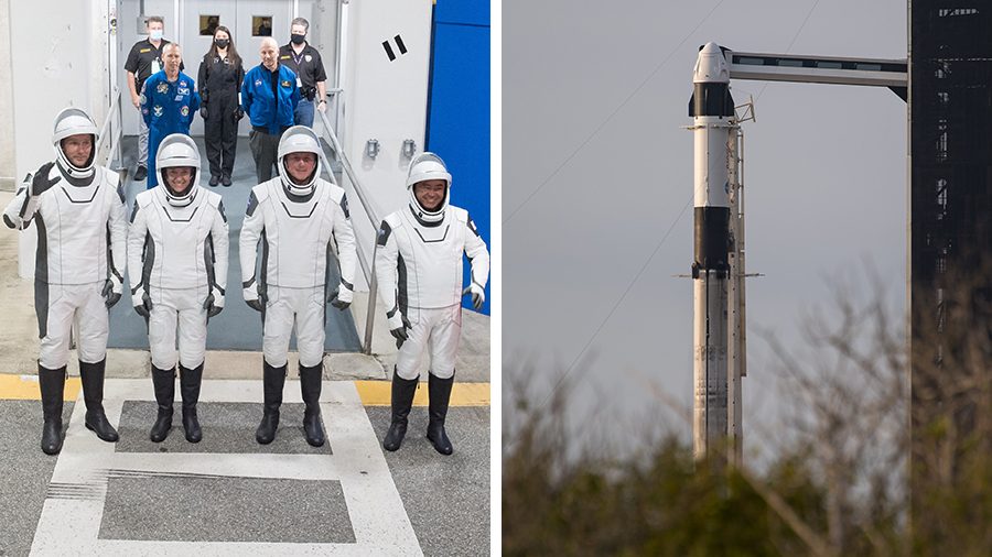The four SpaceX Crew-2 astronauts are pictured during a dress rehearsal at Kennedy Space Center. The Crew Dragon vehicle is atop the Falcon 9 rocket at the launchpad.