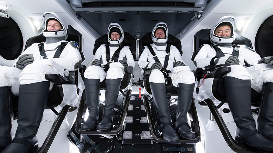 From left are the SpaceX Crew-2 astronauts Thomas Pesquet, Megan McArthur, Shane Kimbrough and Akihiko Hoshide during training in Hawthorne, California. Credit: SpaceX