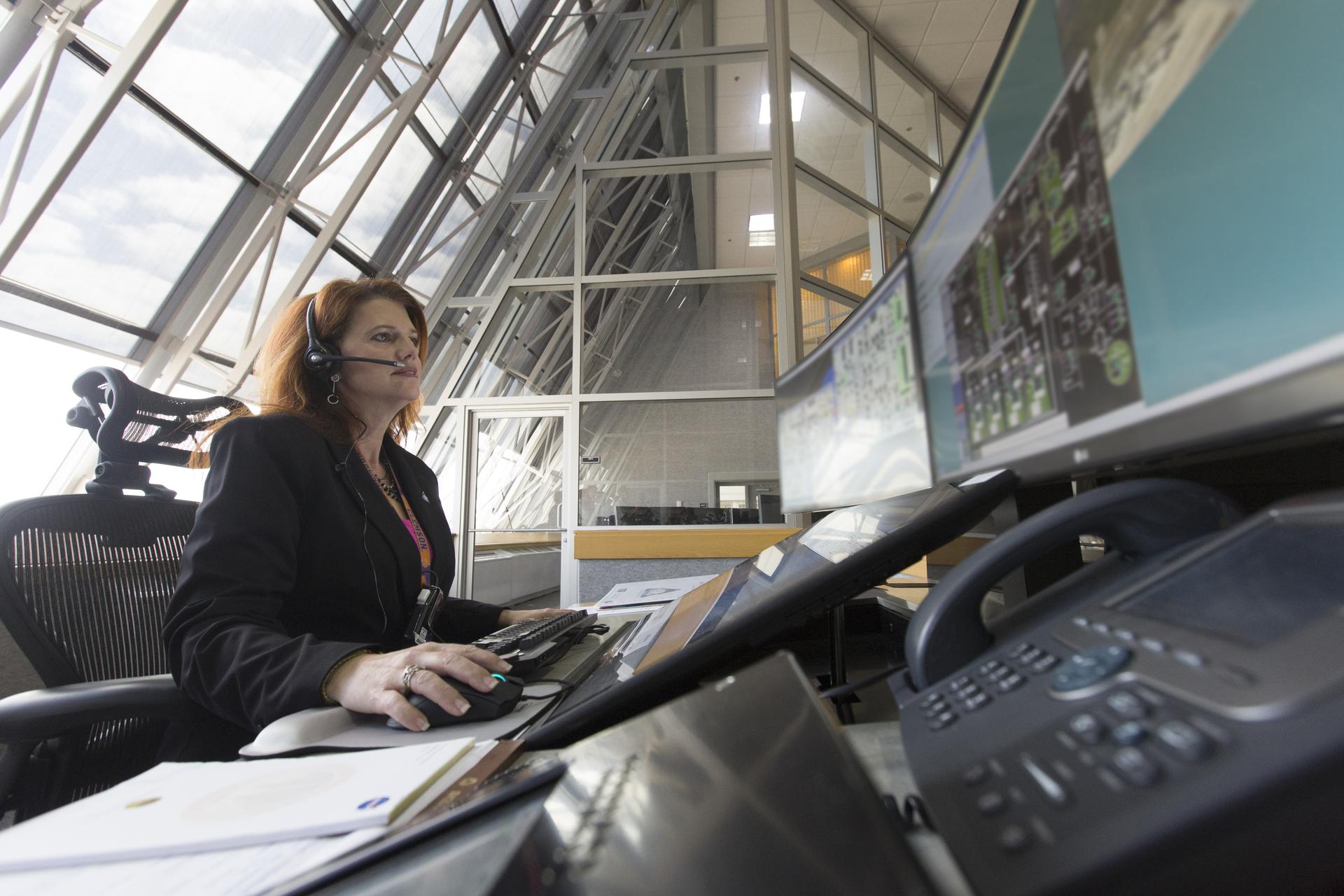 NASA Launch Director Charlie Blackwell-Thompson follows operations at her console in Firing Room 1 at Kennedy Space Center.