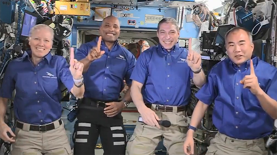 The Space Crew-1 astronauts (from left) Shannon Walker, Victor GLover, Michael Hopkins and Soichi Noguchi, gathered for a news conference on Monday ahead their planned homecoming this week. Credit: NASA TV